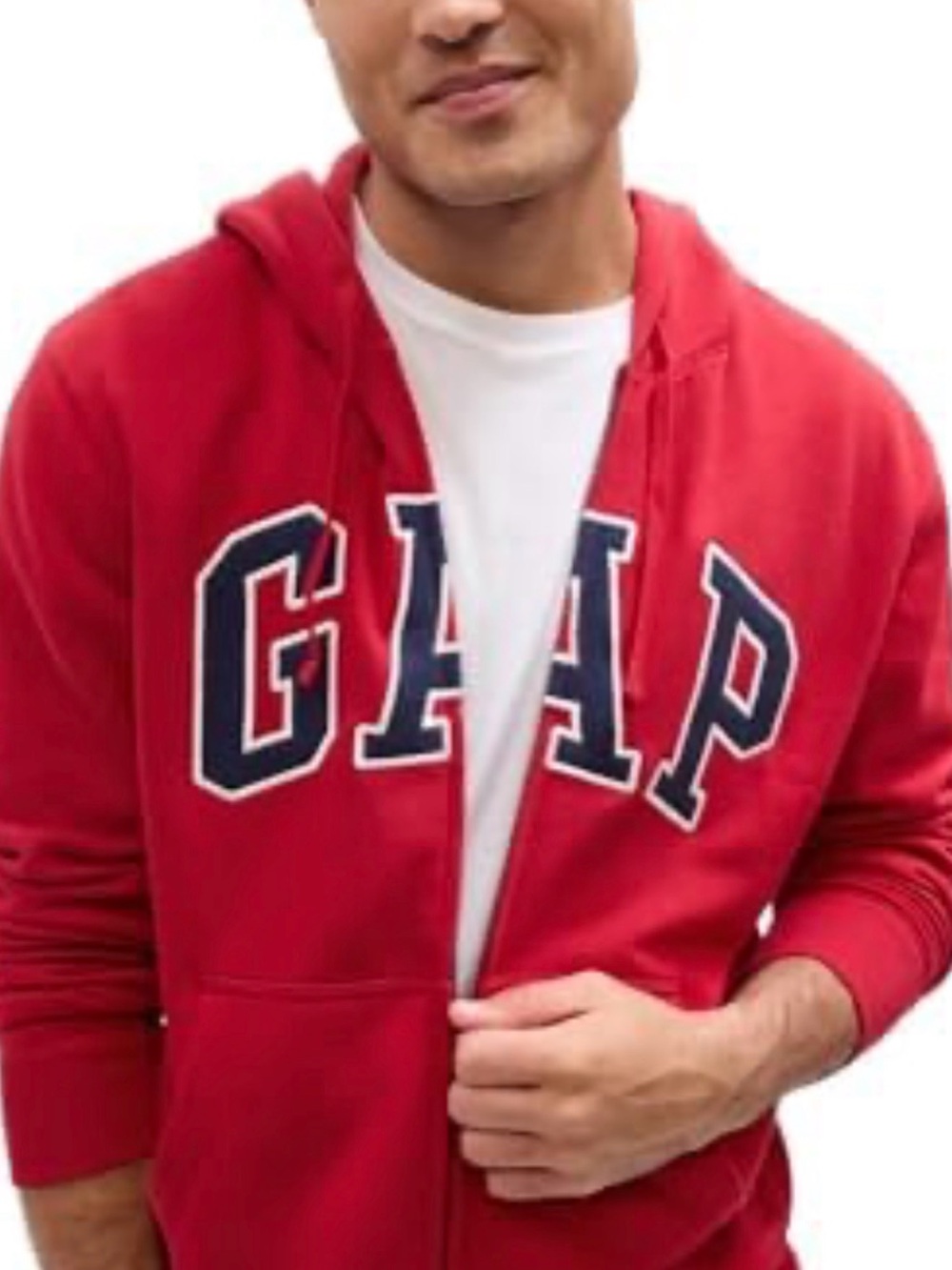 GAP Men's Red Full-Zip Hoodie with Navy Logo